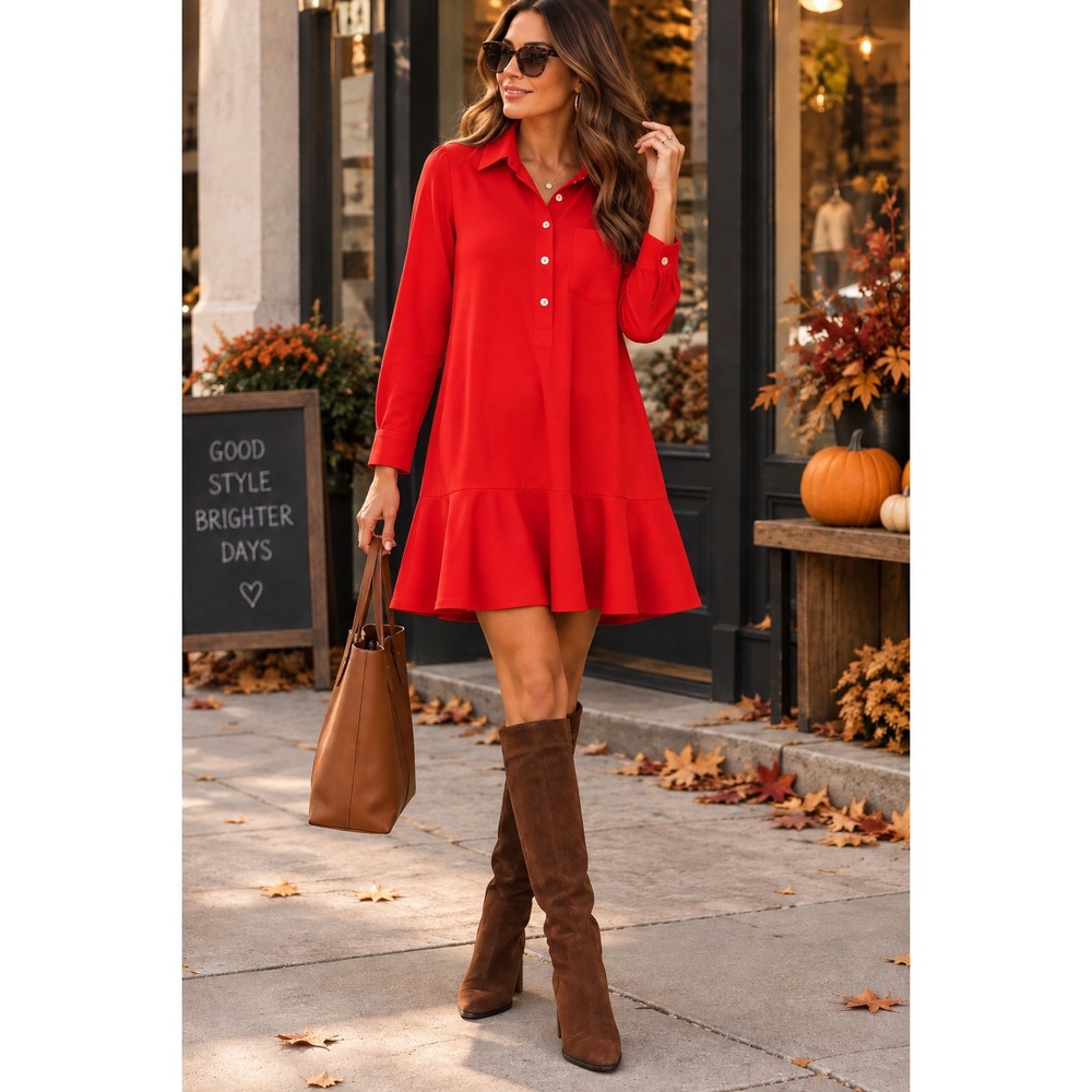 Tuckernuck Callahan Red Crepe Ruffle Hem Long Sleeve Mini Dress (MSRP: $148) XL